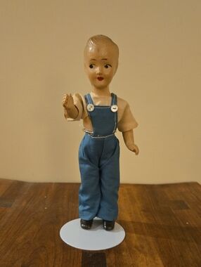 Composite Boy Doll in Blue Overalls with Tan Shirt 8 Inches Tall With Stand